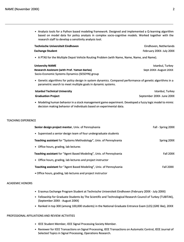 Electrical Engineering Postdoc CV Template