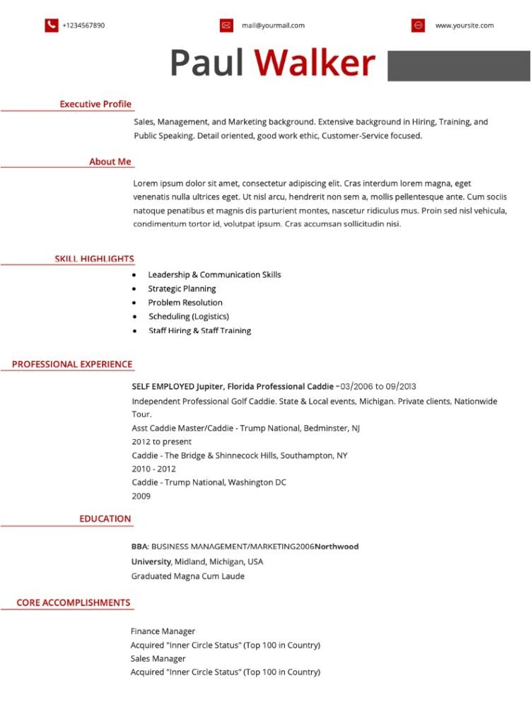 Fresher GolfCaddy Resume Template