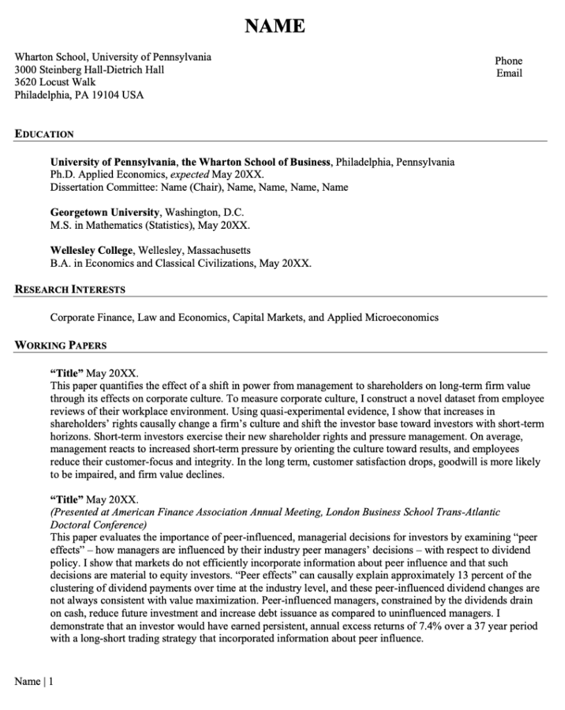 Postdoc Editable CV Template for Economics