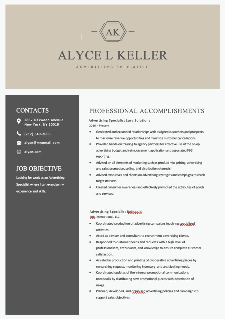 Advertising Specialist Editable Resume Template