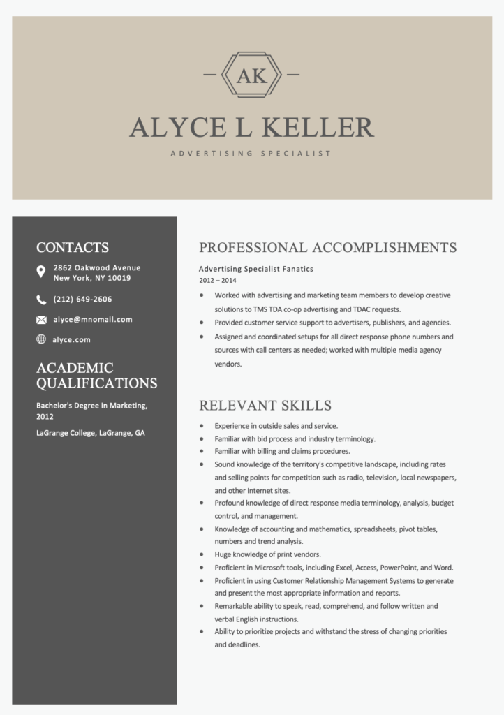 Advertising Specialist Editable Resume Template