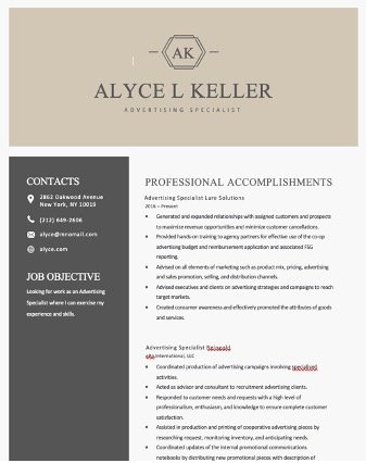 Advertising Specialist Editable Resume Template