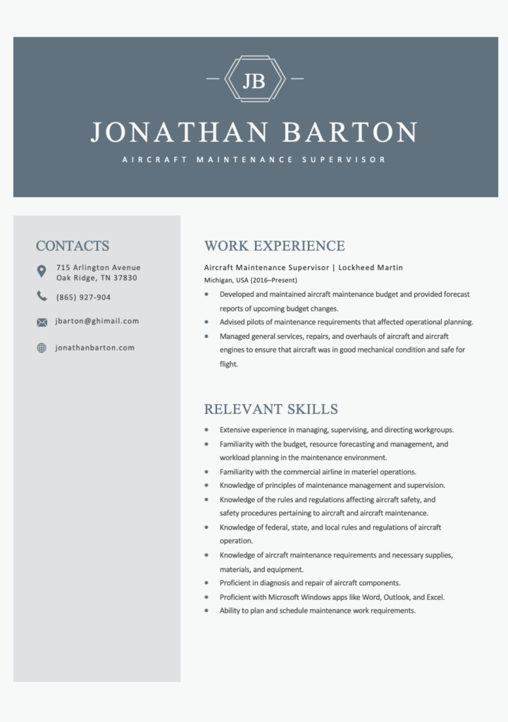 Aircraft Maintenance Supervisor Resume