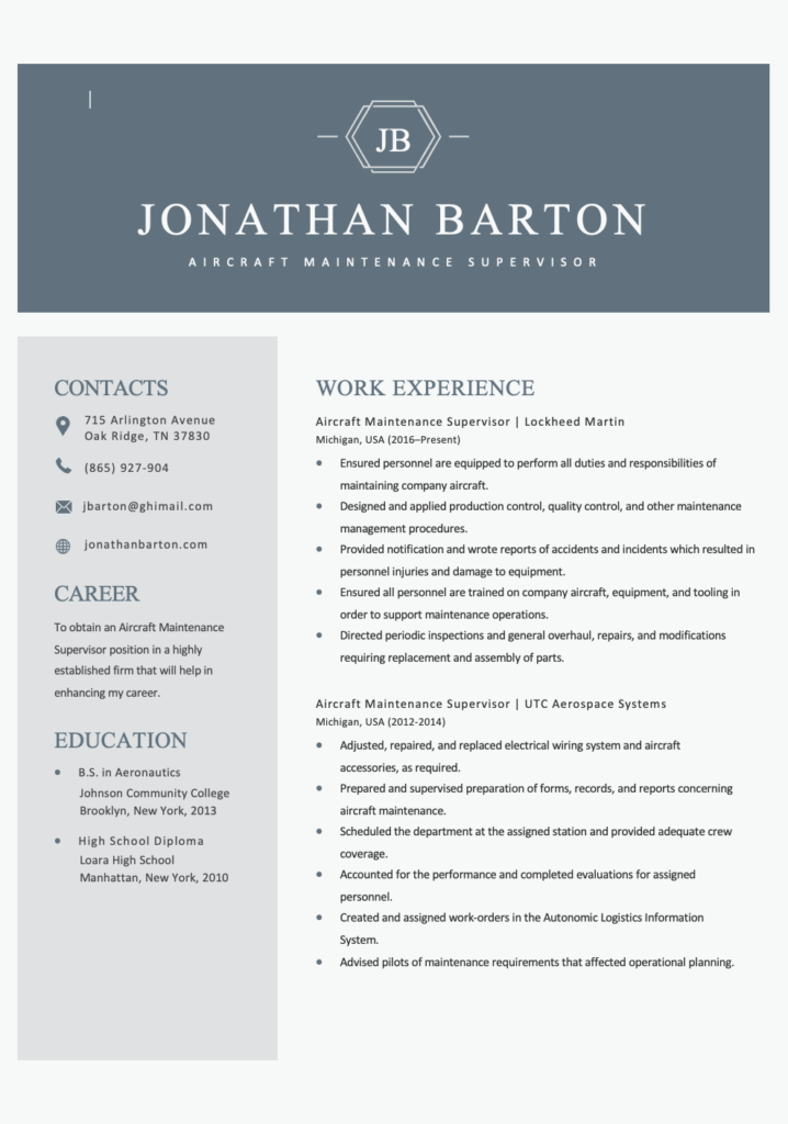 Aircraft Maintenance Supervisor Resume