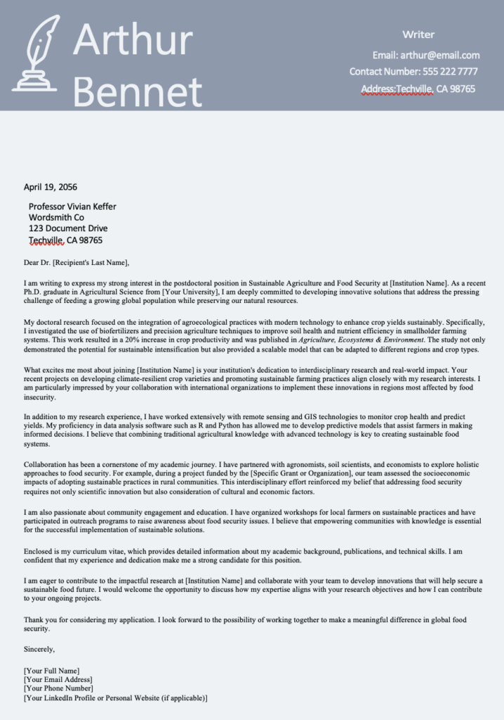 Cover Letter Template for Applying to Postdoc Positions