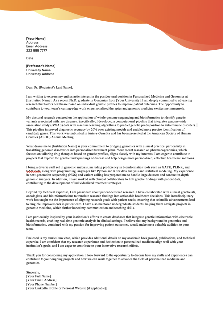 Cover Letter Template for Research Postdoc Applications