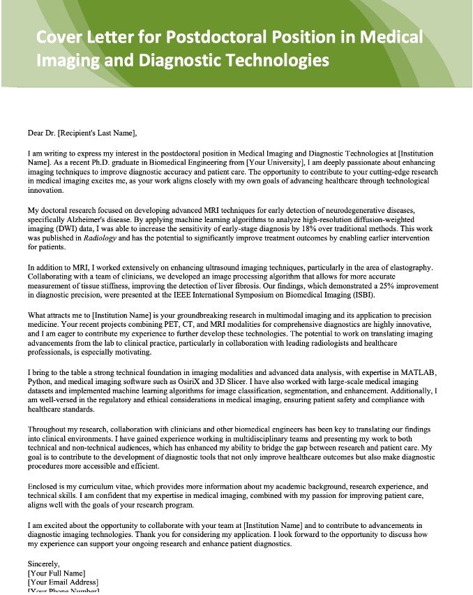 Read more about the article Cover Letter for Postdoctoral Position in Medical Imaging and Diagnostic Technologies