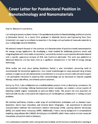 Cover Letter for Postdoctoral Position in Nanotechnology and Nanomaterials