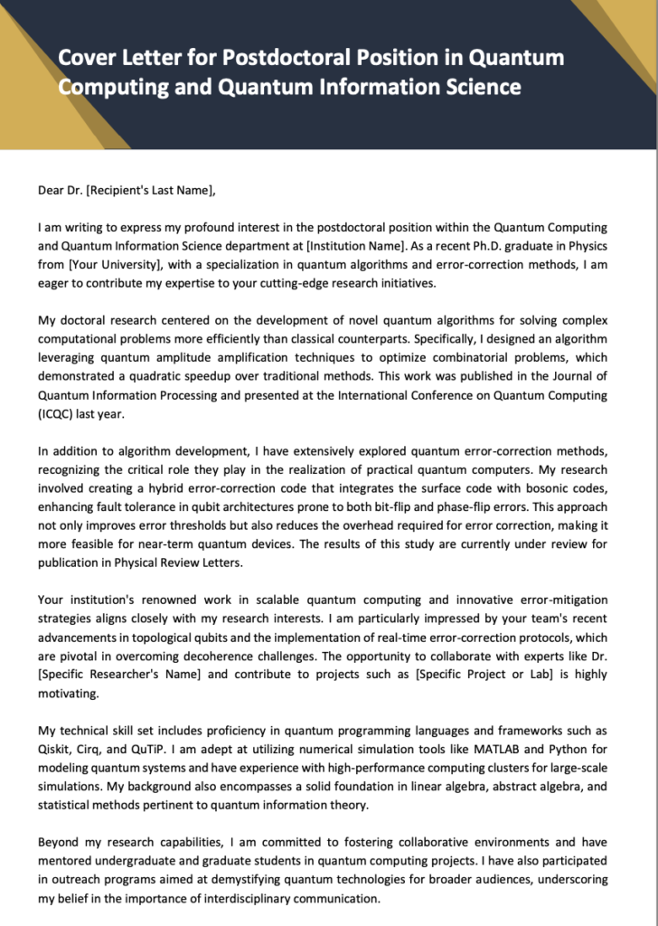 Cover Letter for Postdoctoral Position in Quantum Computing