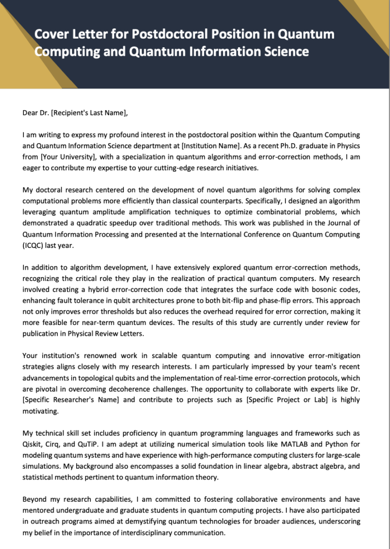 Postdoctoral Cover Letter Template in Quantum Research TempaHive Postdoctoral Cover Letter Template in Quantum Research TempaHive