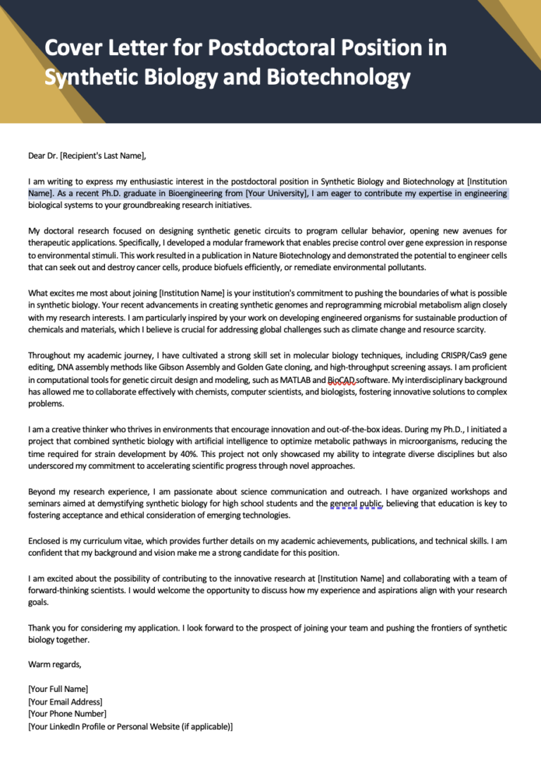 Cover Letter for Postdoctoral Position in Synthetic Biology and