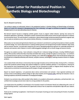 Read more about the article Cover Letter for Postdoctoral Position in Synthetic Biology and Biotechnology