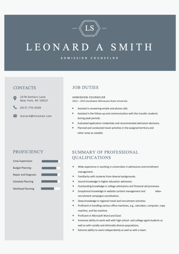 Free Admission Counselor Editable Resume Template