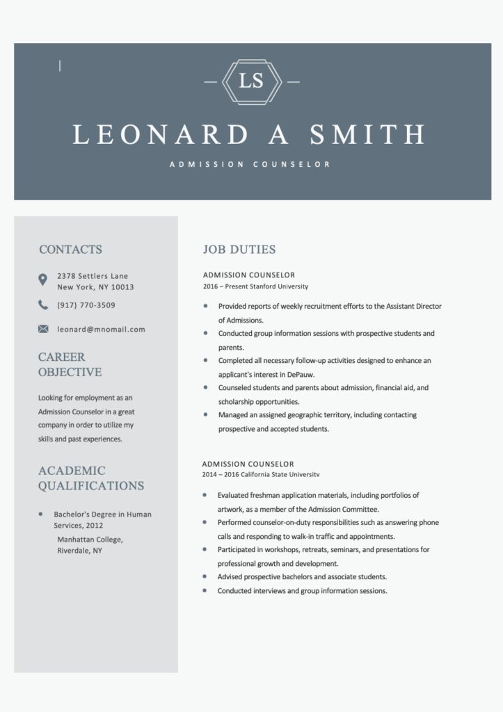 Free Admission Counselor Editable Resume Template