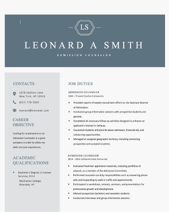 Free Admission Counselor Editable Resume Template