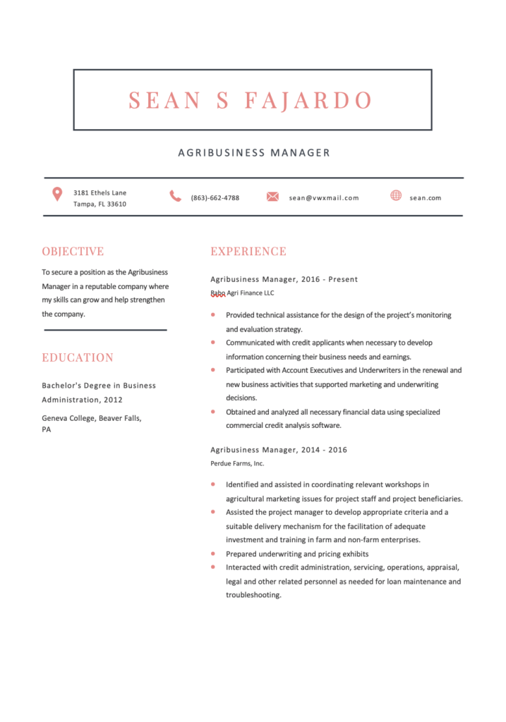 Free Agribusiness Manager Resume Template