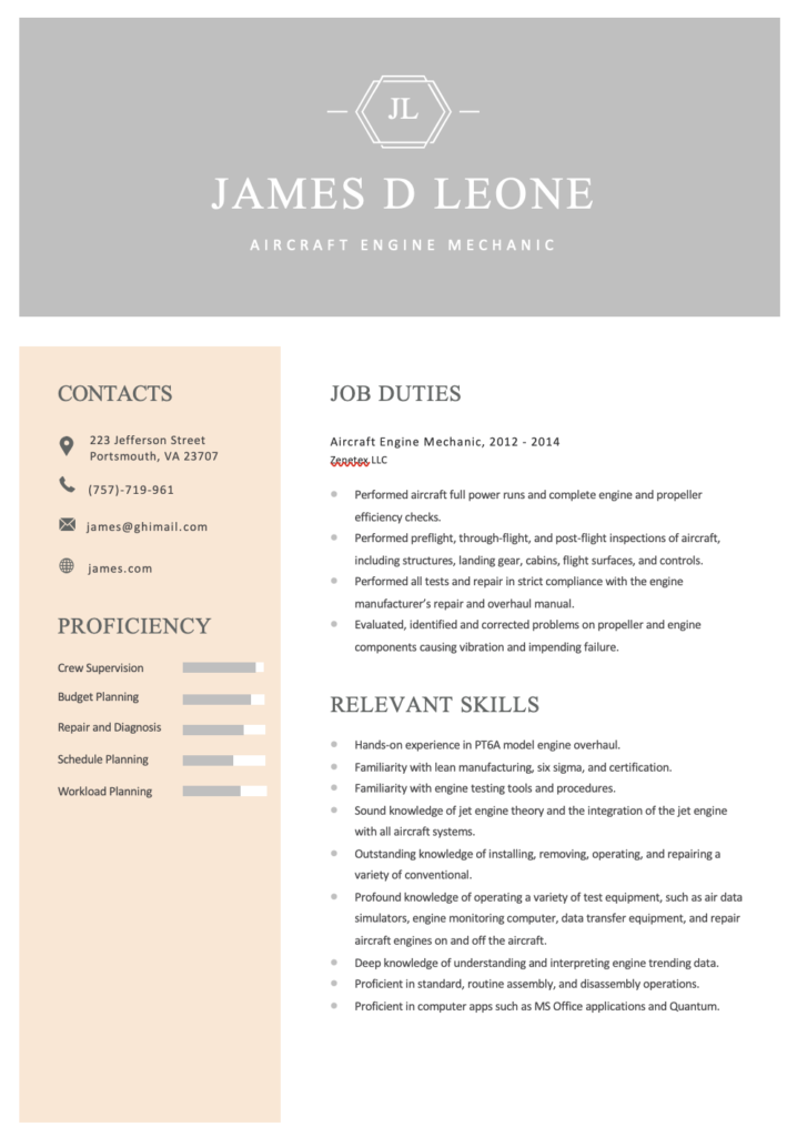 Free Aircraft Engine Mechanic Resume Template