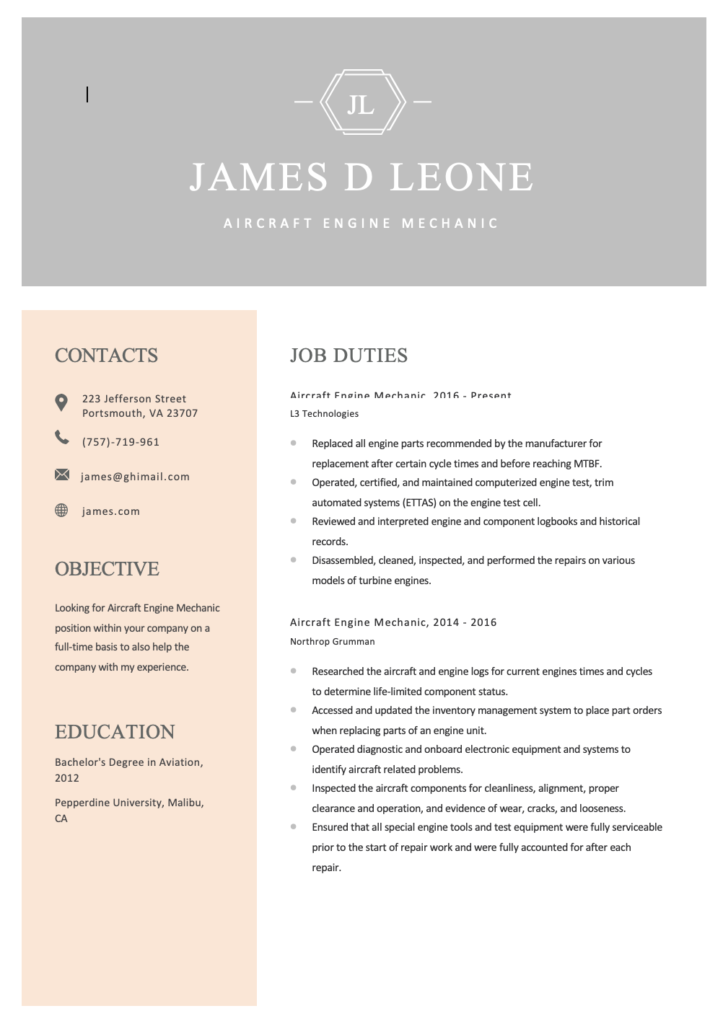 Free Aircraft Engine Mechanic Resume Template