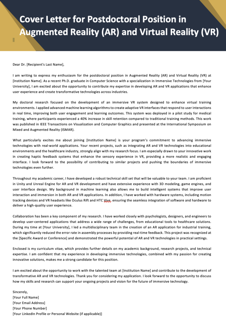 Postdoctoral Cover Letter Template for Augmented Reality (AR) and Virtual Reality (VR)