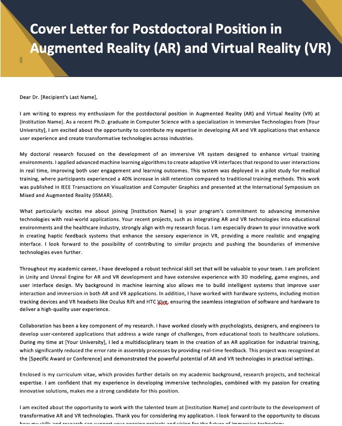 Read more about the article Postdoctoral Cover Letter Template for Augmented Reality (AR) and Virtual Reality (VR)