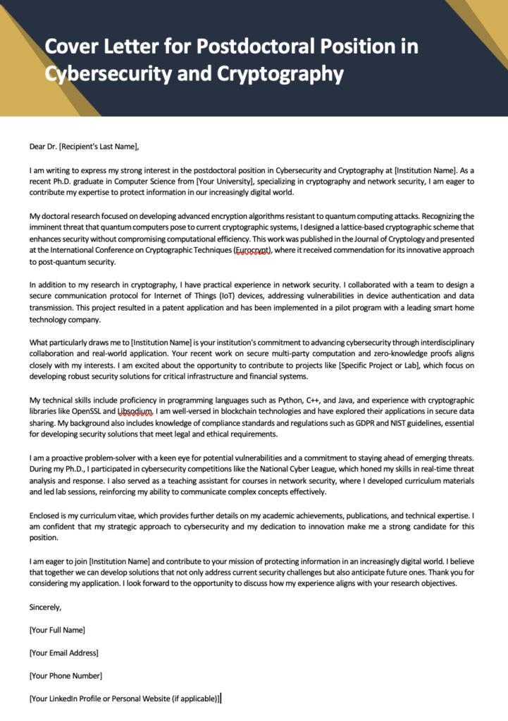 Postdoctoral Cover Letter Template for Cybersecurity and Cryptography