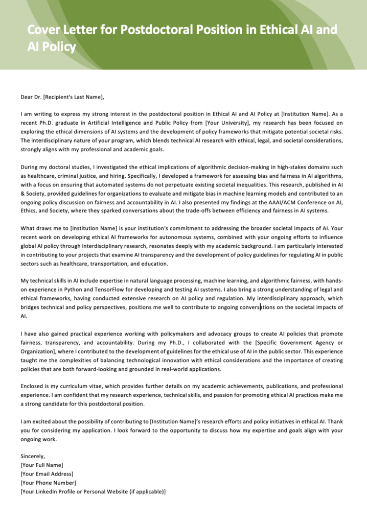 Postdoctoral Cover Letter Template for Ethical AI and AI Policy