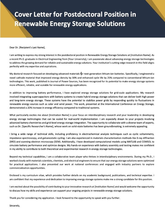 Read more about the article Postdoctoral Cover Letter Template for Renewable Energy Storage Solutions