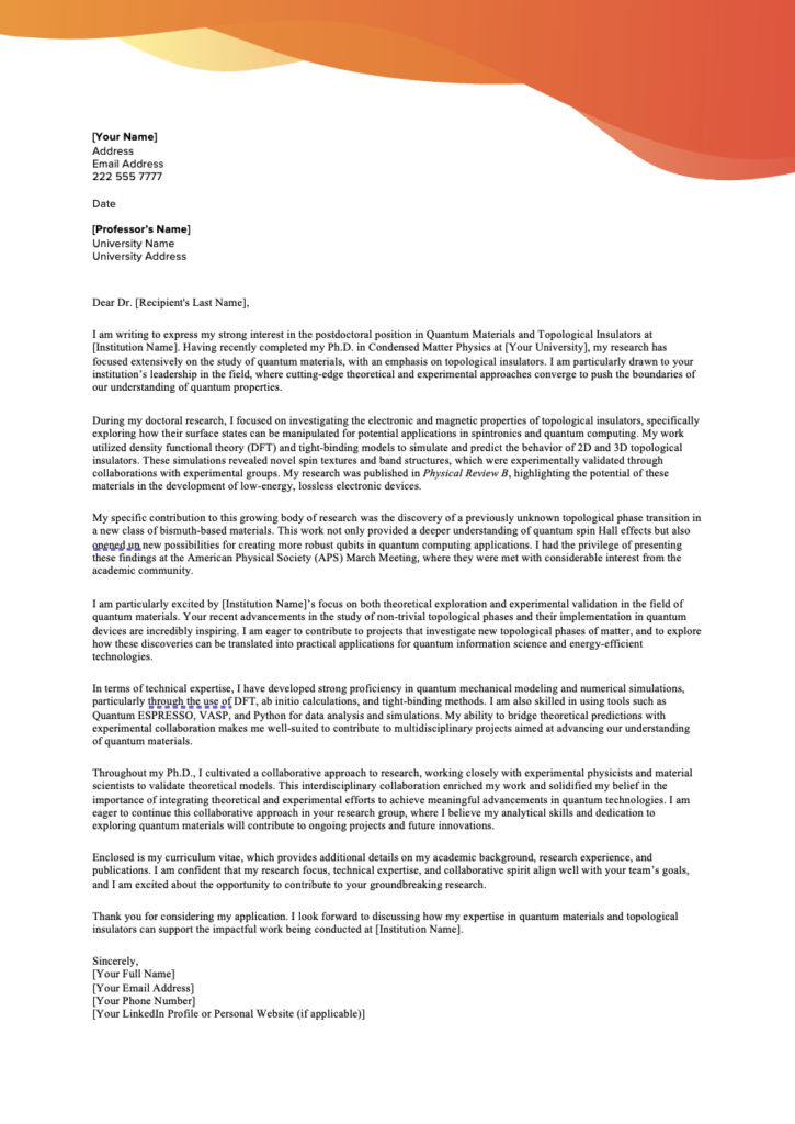 Postdoctoral Fellowship Application Cover Letter Template