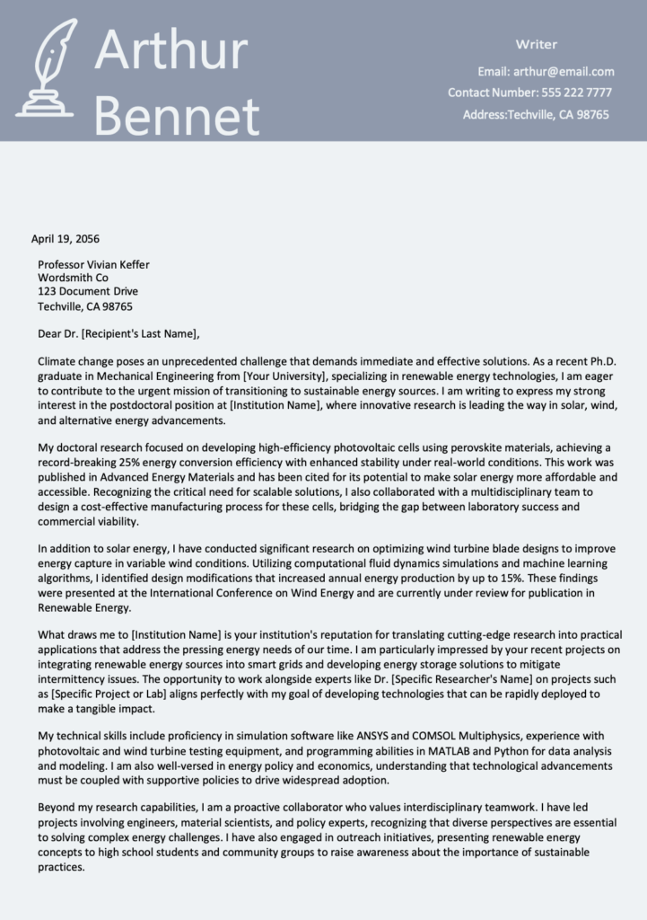 Sample Cover Letter for Postdoctoral Research Position 1