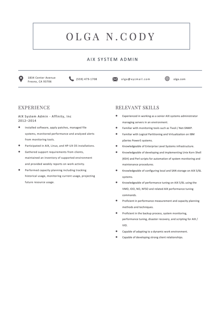 Free Editable AIX System Admin ATS Resume Template