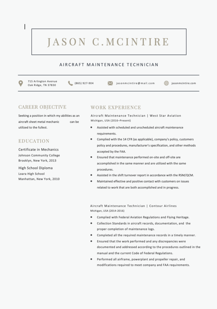 Free Editable Aircraft Maintenance Technician ATS Resume Template 1