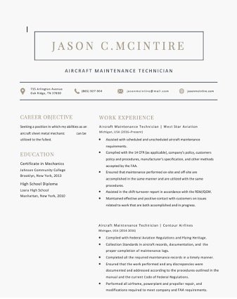 Free Editable Aircraft Maintenance Technician ATS Resume Template