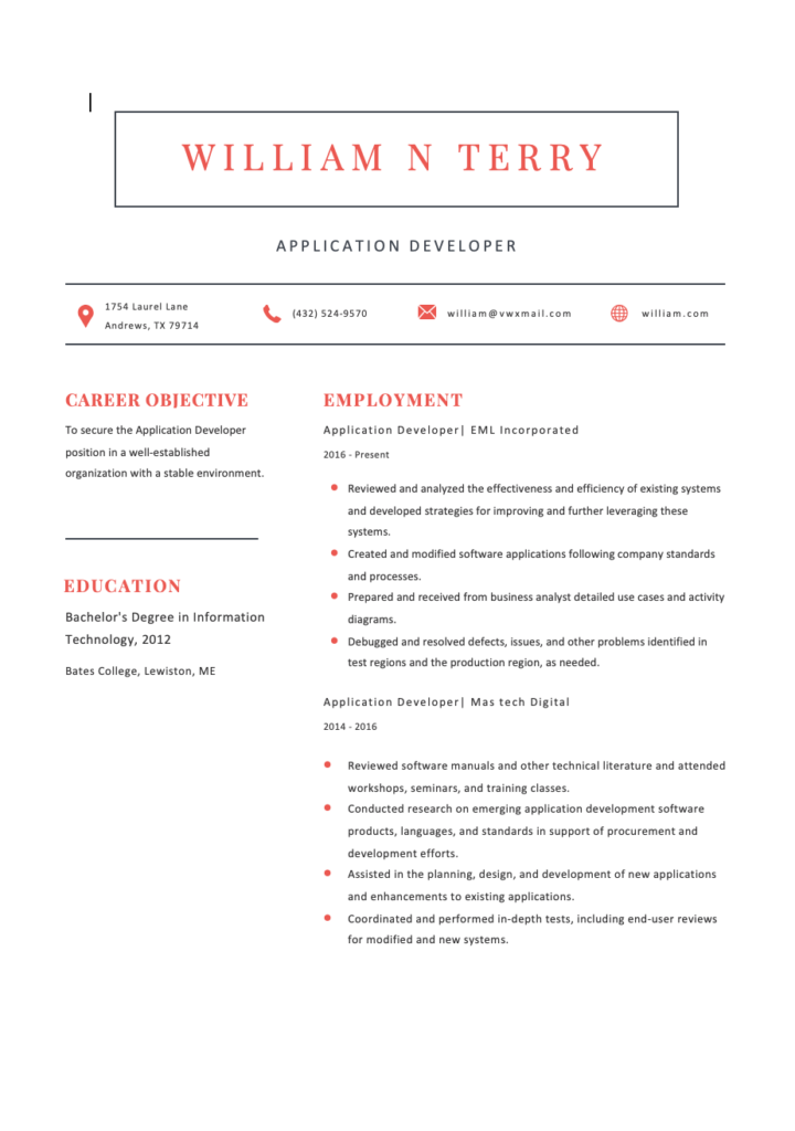 Free Editable Application Developer ATS Resume Template