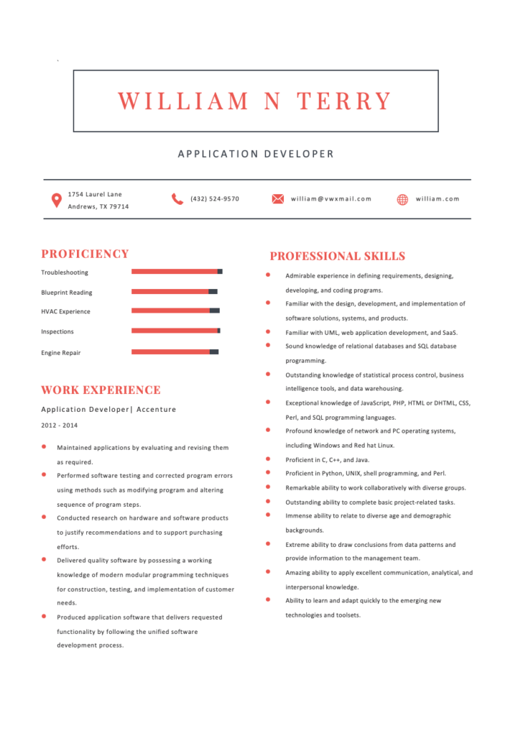 Free Editable Application Developer ATS Resume Template