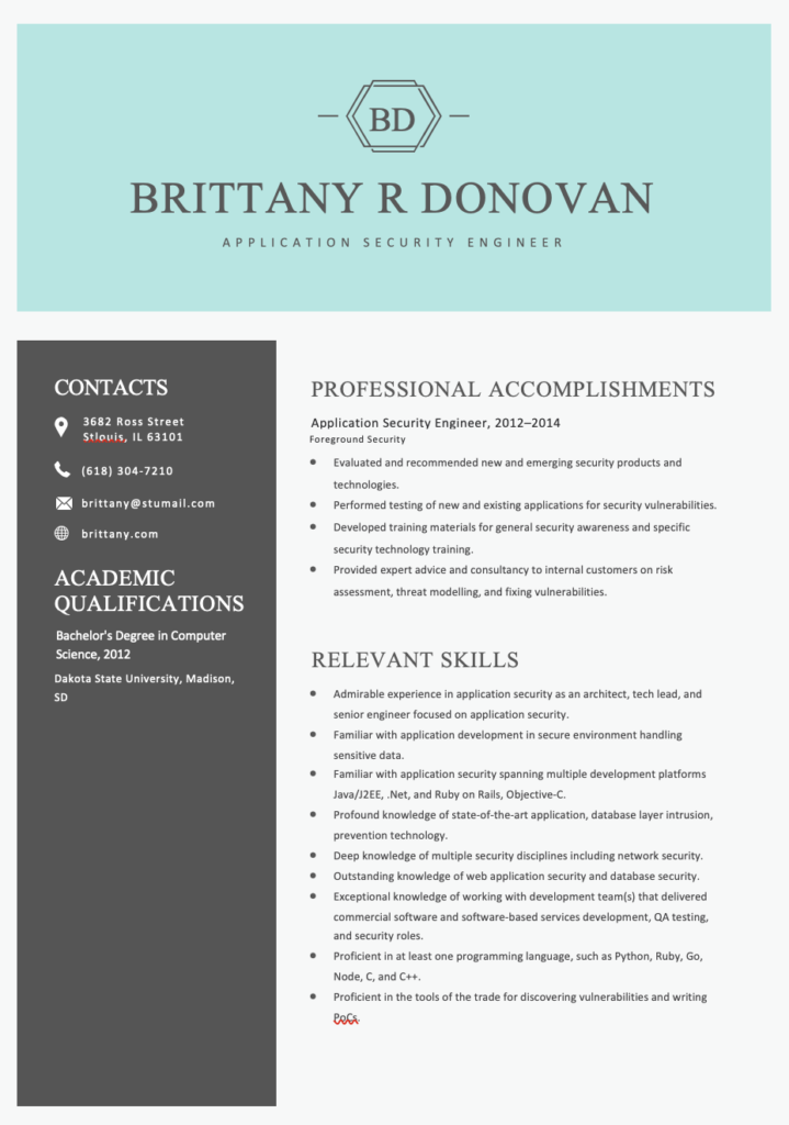 Free Editable Application Security Engineer ATS Resume Template