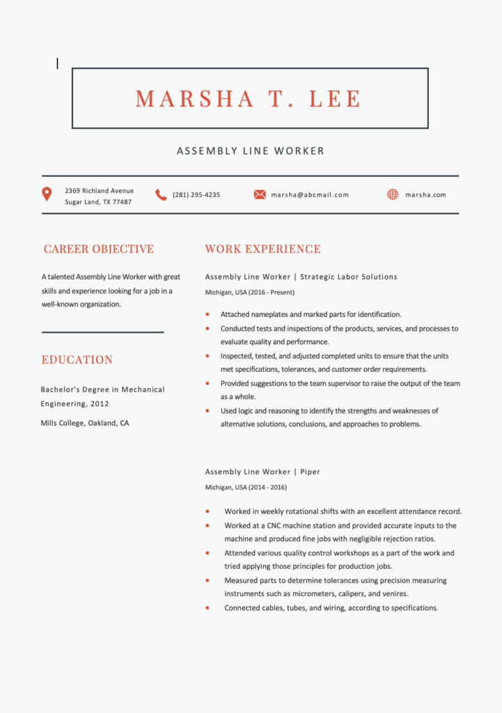 Free Editable Assembly Line Worker Resume