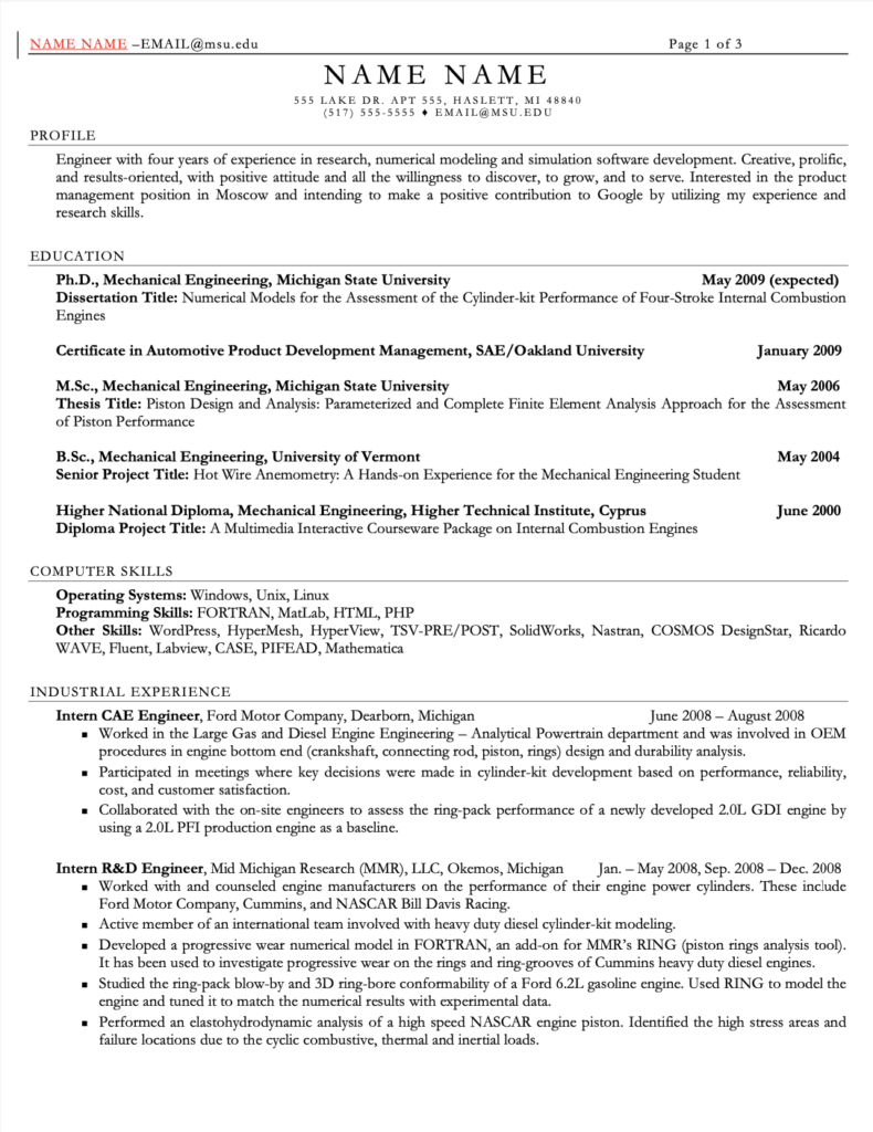 Free Editable Engineering CV Template