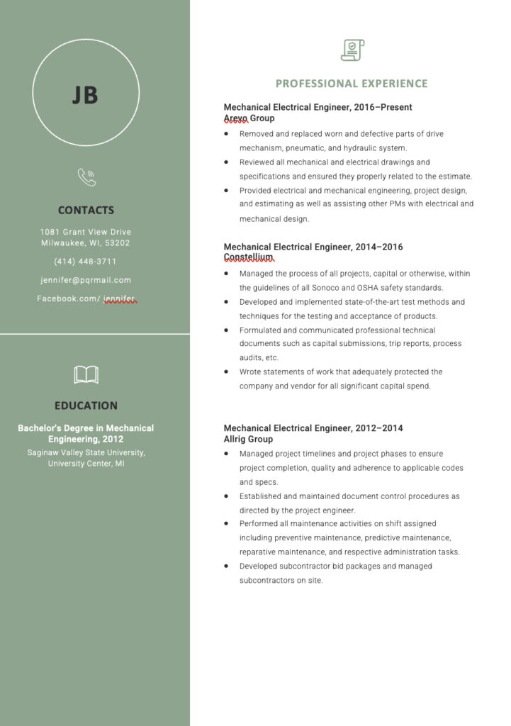 Free Mechanical and Electrical Engineering Resume Template