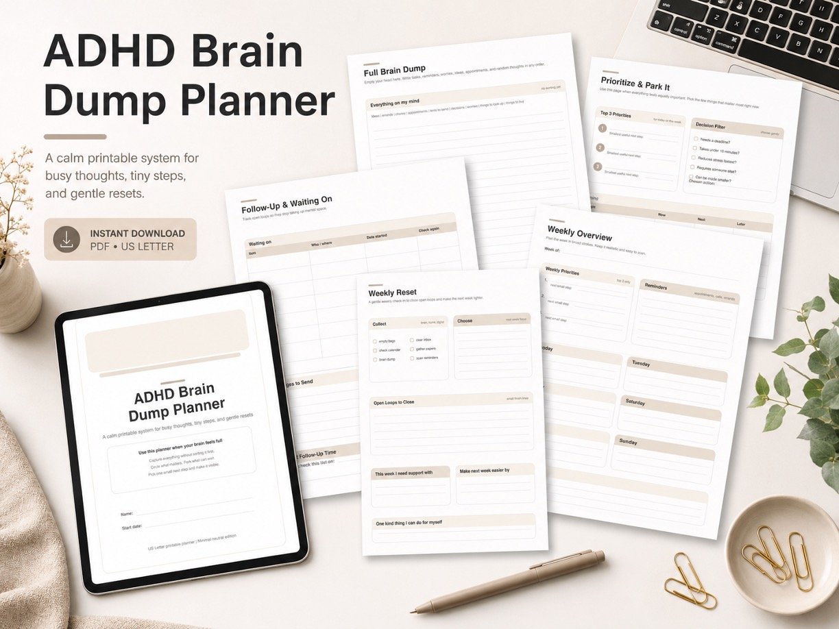 ADHD Brain Dump Planner Printable PDF | Organize Thoughts, Tasks & Priorities