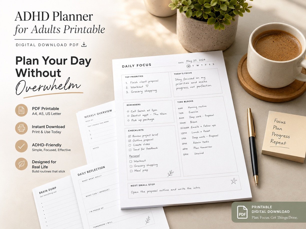 ADHD Planner for Adults Printable PDF | Daily Focus & Routines 3