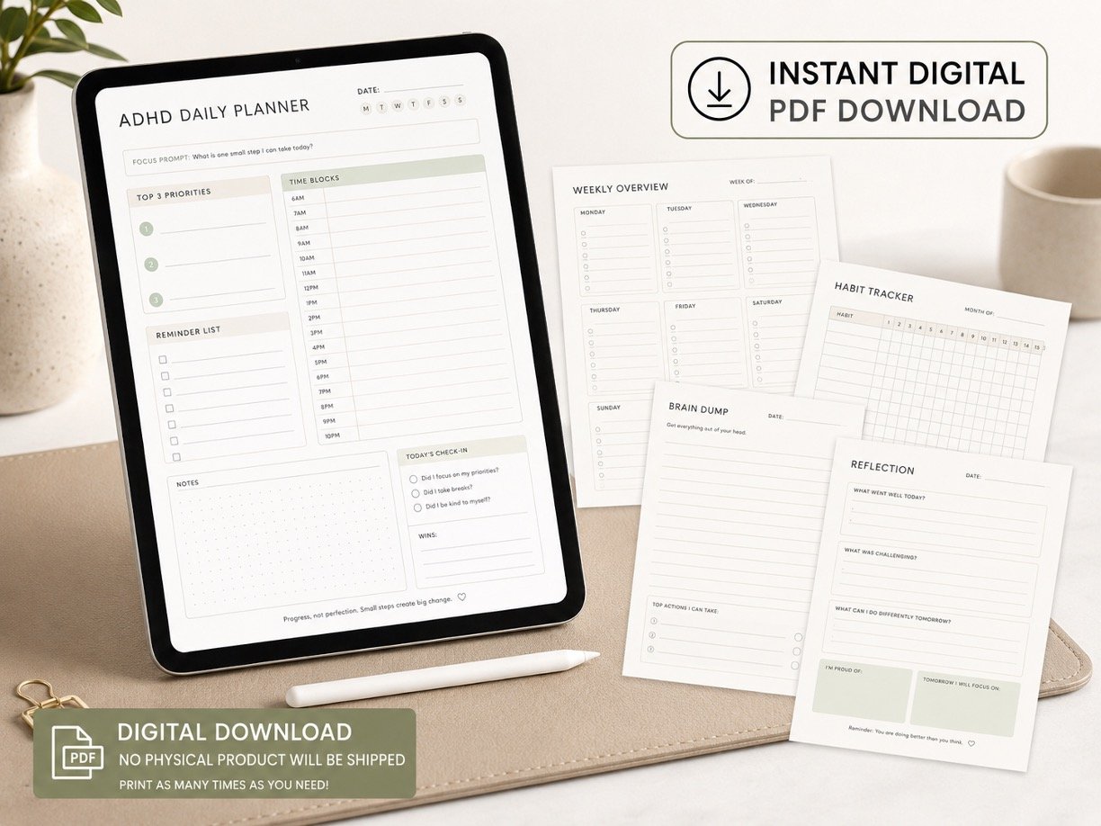 ADHD Planner for Adults Printable PDF | Daily Focus & Routines 5