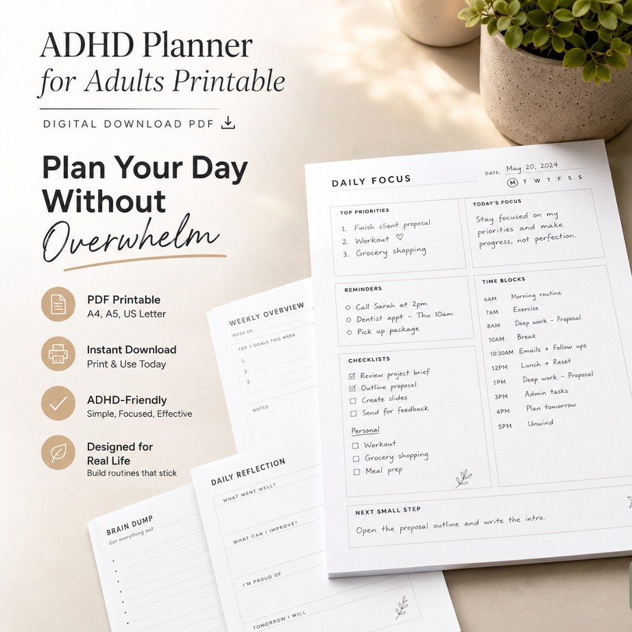 ADHD Planner for Adults Printable PDF | Daily Focus & Routines ADHD Planner for Adults Printable PDF | Daily Focus & Routines