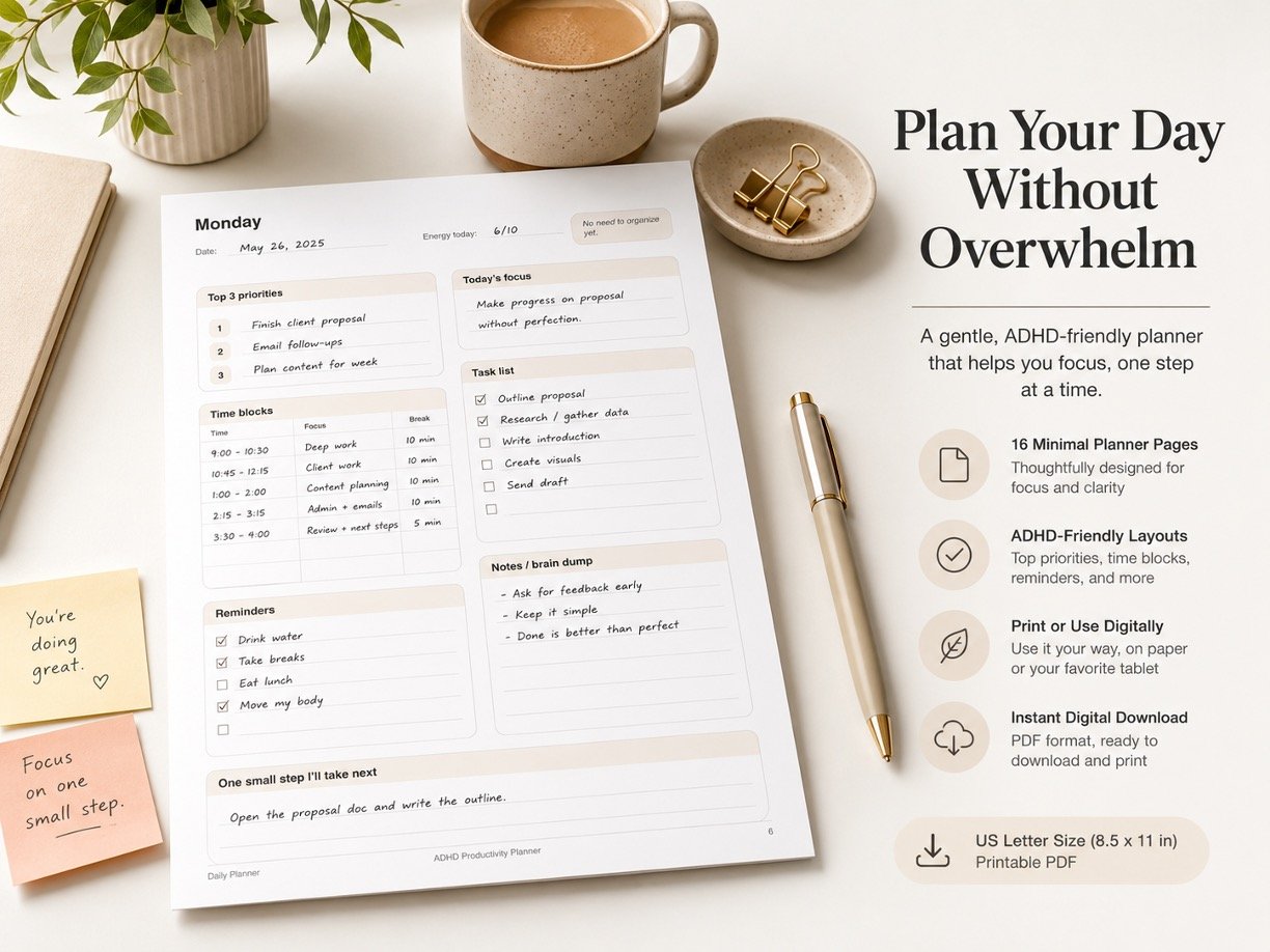 ADHD Productivity Planner Printable PDF | Daily & Weekly Focus Planner 2