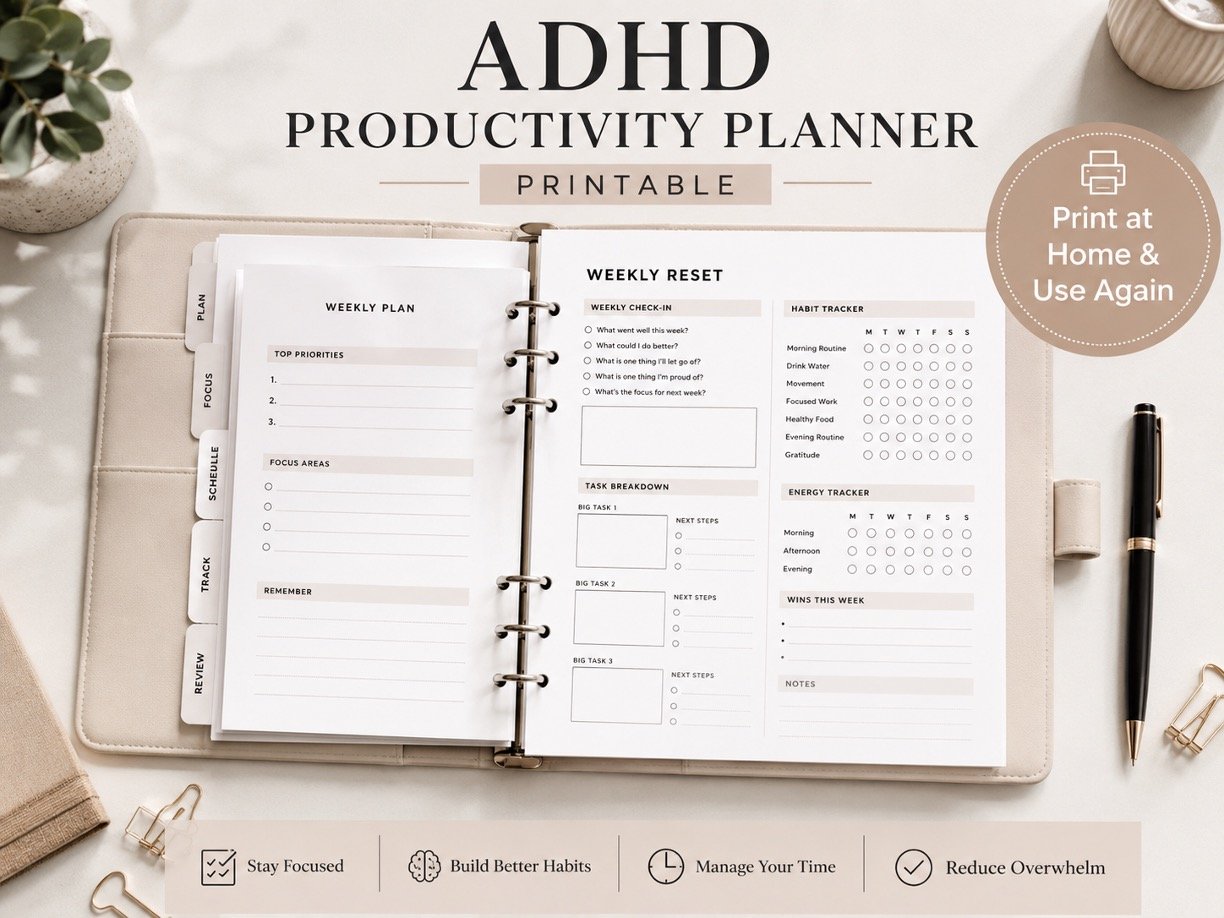 ADHD Productivity Planner Printable PDF | Daily & Weekly Focus Planner 3