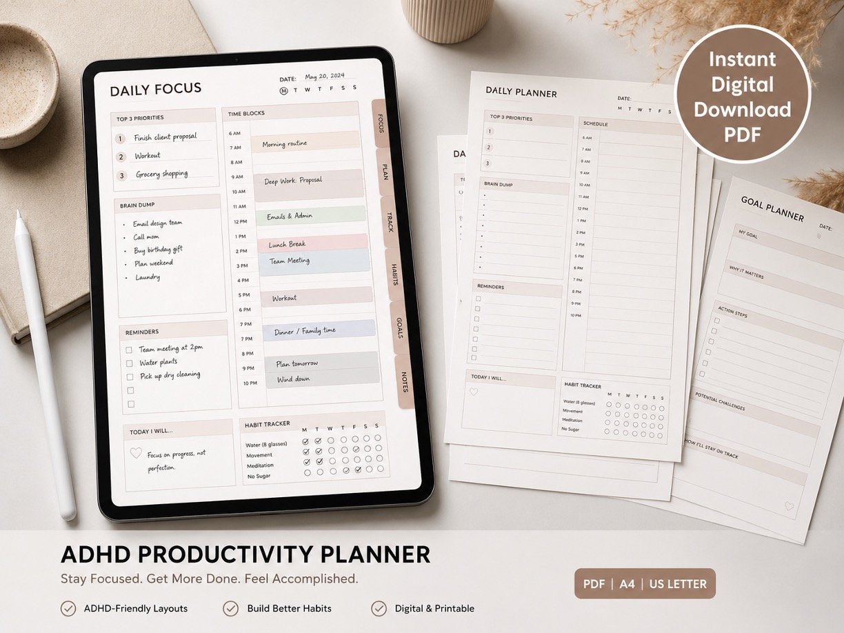 ADHD Productivity Planner Printable PDF | Daily & Weekly Focus Planner 4