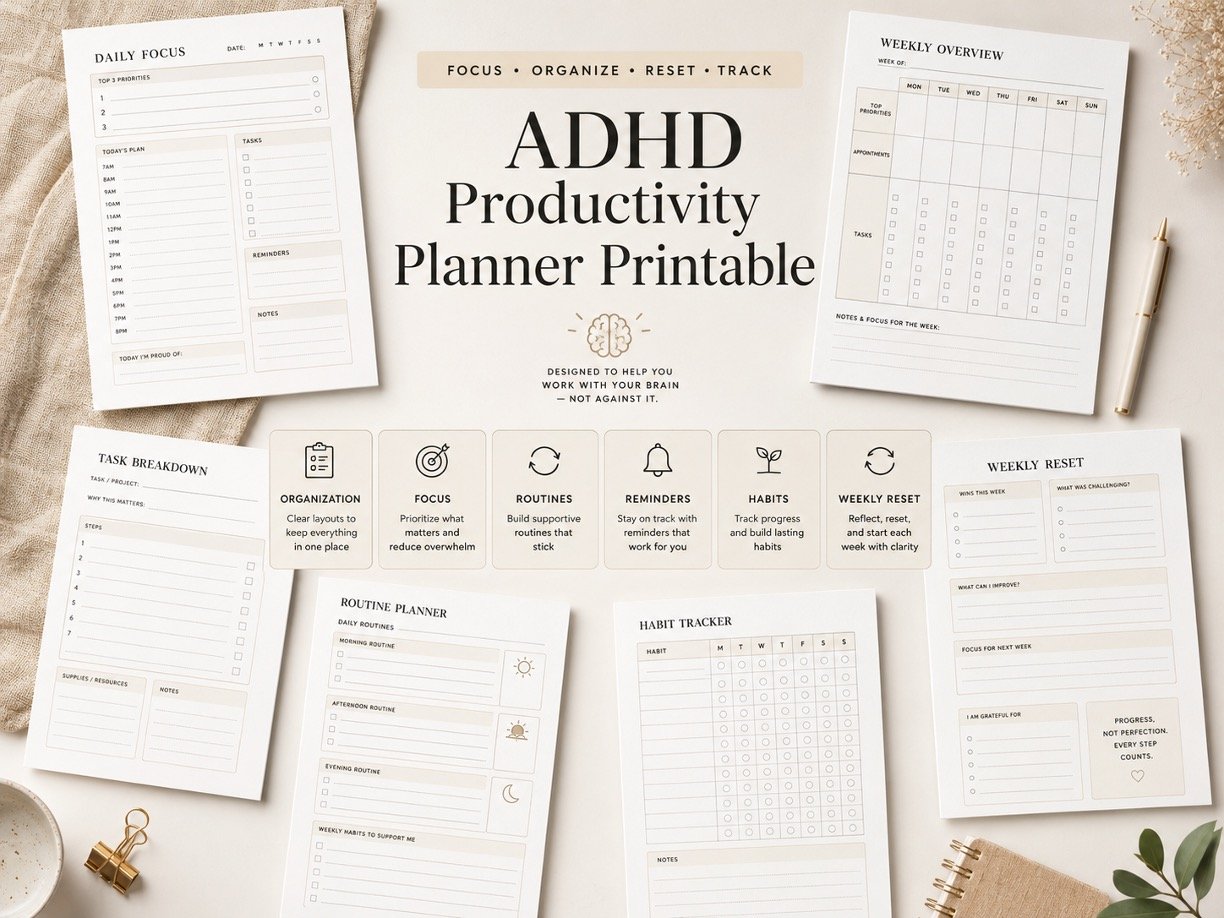 ADHD Productivity Planner Printable PDF | Daily & Weekly Focus Planner 5