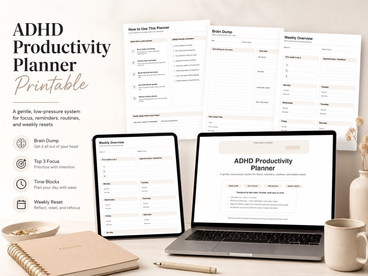 ADHD Productivity Planner Printable PDF | Daily & Weekly Focus Planner
