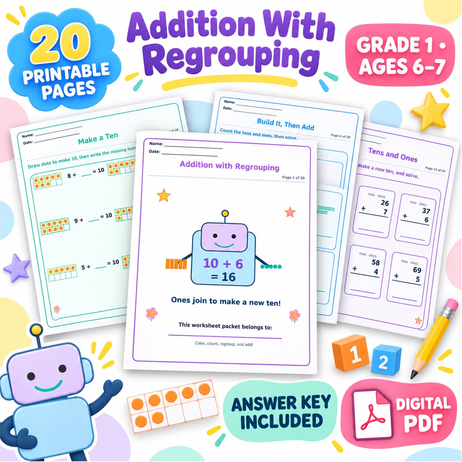 Addition worksheets for Grade 1 with regrouping Addition worksheets for Grade 1 with regrouping