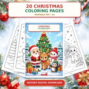Christmas Coloring Pages for Kids, 20 Printable A4 Pages, Cute Holiday Activity, Instant Download PDF
