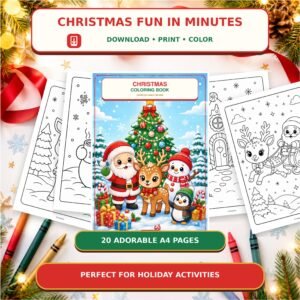 Christmas Coloring Pages for Kids, 20 Printable A4 Pages, Cute Holiday Activity, Instant Download PDF